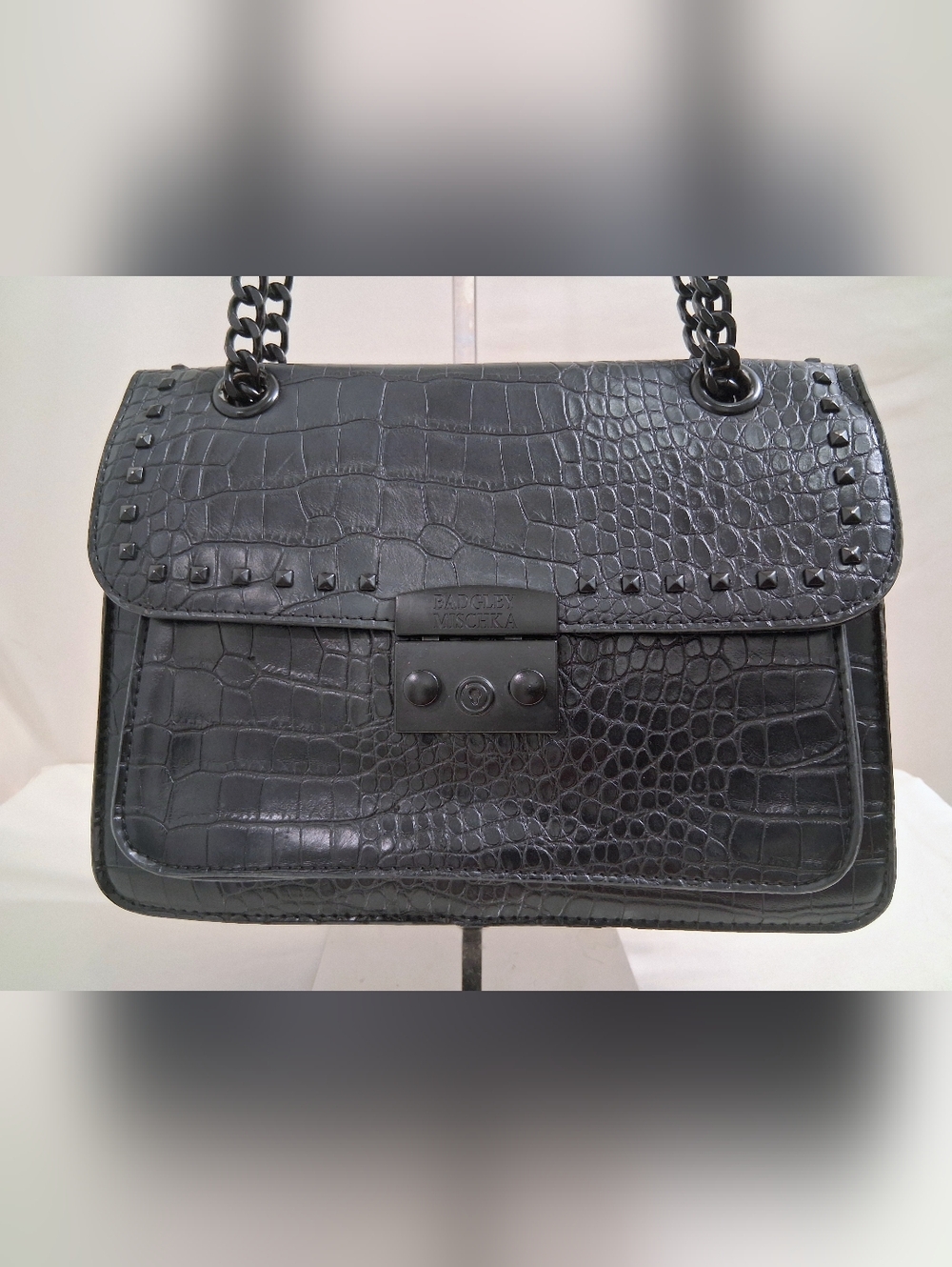Badgley Mischka Black Croc Embossed  Faux Leather W/ Adjustable Chain Strap